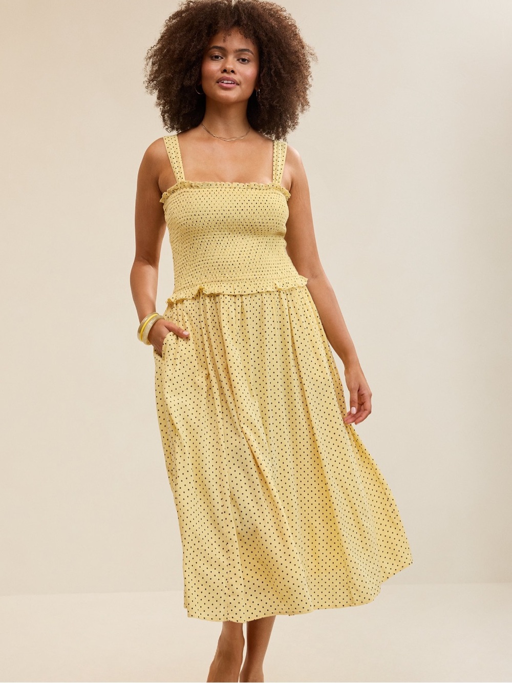 Aerie Yellow Polka Dot Smocked Midi dress